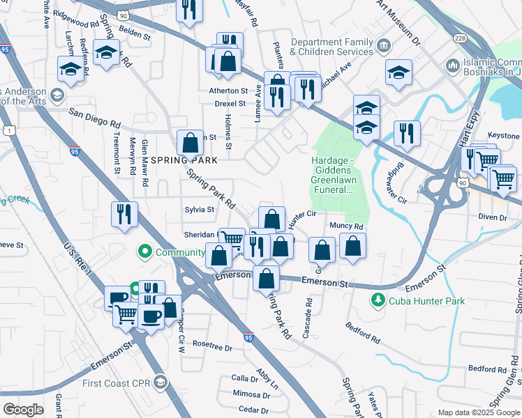 map of restaurants, bars, coffee shops, grocery stores, and more near 2943 Spring Park Road in Jacksonville