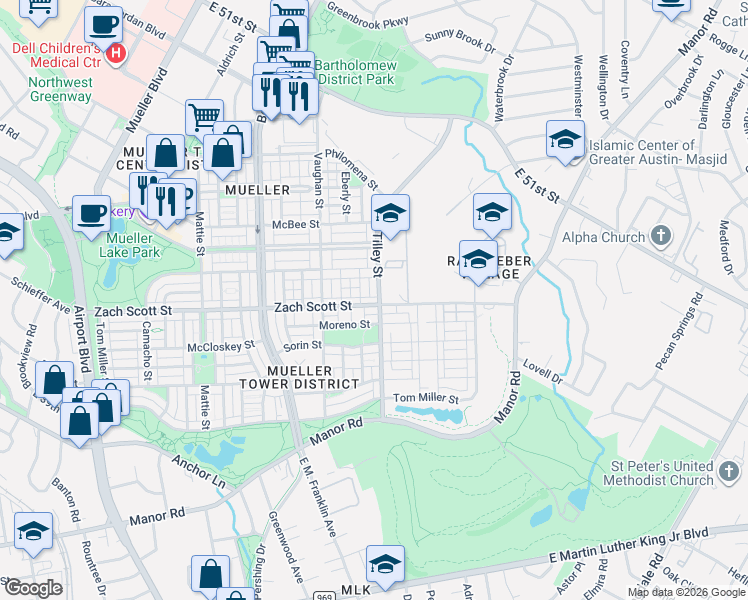 map of restaurants, bars, coffee shops, grocery stores, and more near 2828 Moreno Street in Austin