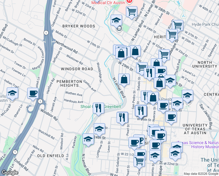 map of restaurants, bars, coffee shops, grocery stores, and more near 1106 Claire Avenue in Austin