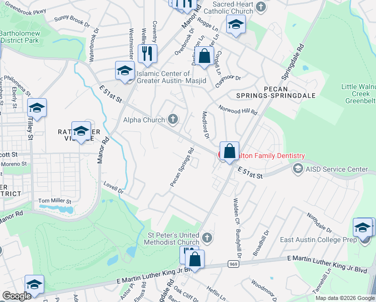 map of restaurants, bars, coffee shops, grocery stores, and more near 5002 Pecan Springs Road in Austin