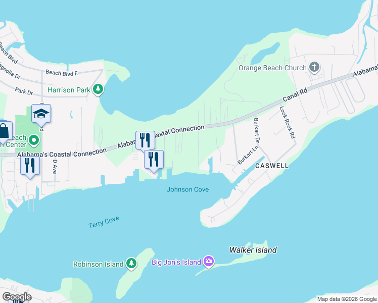 map of restaurants, bars, coffee shops, grocery stores, and more near 4799 White Avenue in Orange Beach