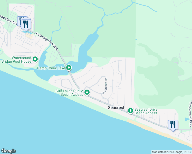 map of restaurants, bars, coffee shops, grocery stores, and more near 449 Seabreeze Circle in Seacrest