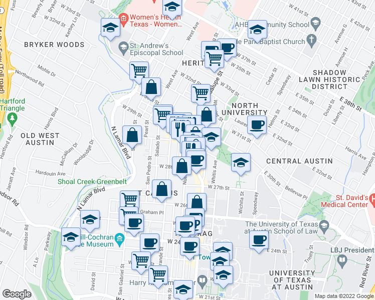 map of restaurants, bars, coffee shops, grocery stores, and more near Guadalupe St & Nueces St in Austin