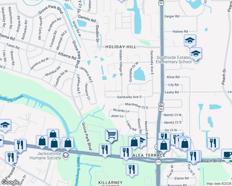 map of restaurants, bars, coffee shops, grocery stores, and more near 8838 Sandusky Avenue West in Jacksonville