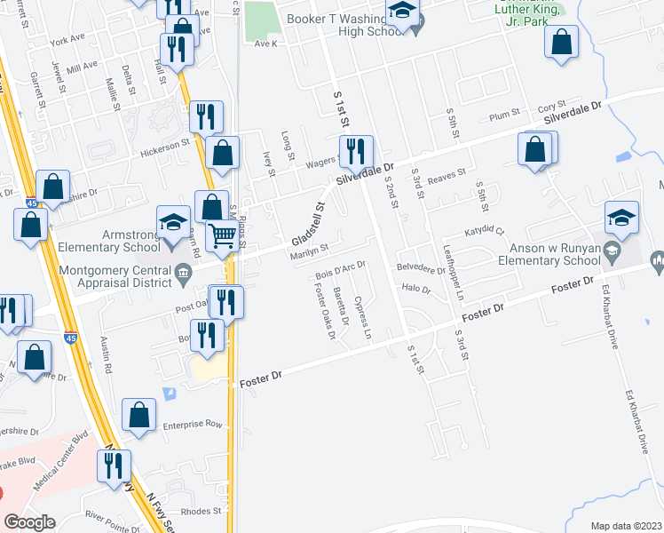 map of restaurants, bars, coffee shops, grocery stores, and more near 128 Baretta Drive in Conroe