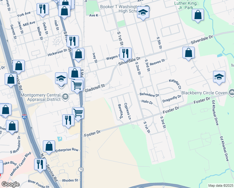 map of restaurants, bars, coffee shops, grocery stores, and more near 128 Baretta Drive in Conroe