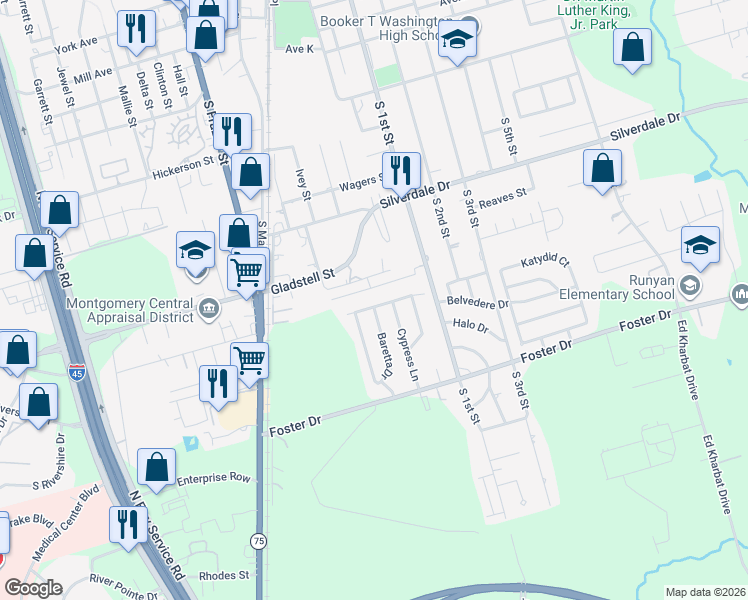 map of restaurants, bars, coffee shops, grocery stores, and more near 313 Bois D'Arc Drive in Conroe