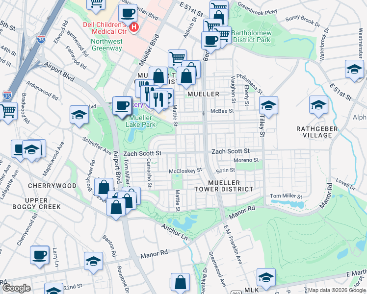 map of restaurants, bars, coffee shops, grocery stores, and more near 2201 Zach Scott Street in Austin