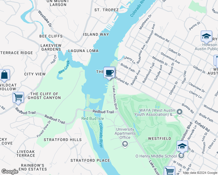 map of restaurants, bars, coffee shops, grocery stores, and more near 3825 Lake Austin Boulevard in Austin