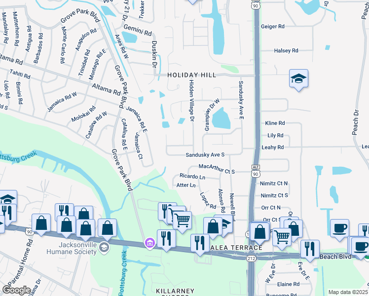 map of restaurants, bars, coffee shops, grocery stores, and more near 8838 Sandusky Avenue West in Jacksonville