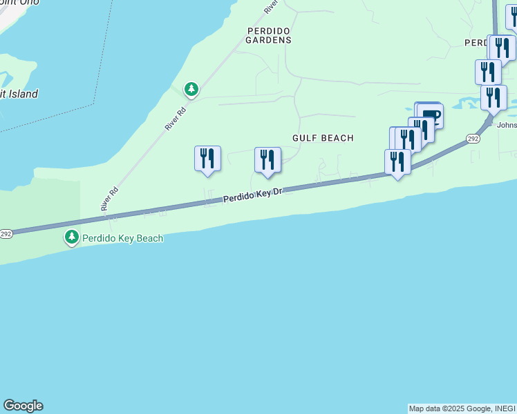map of restaurants, bars, coffee shops, grocery stores, and more near 14389 Perdido Key Drive in Pensacola