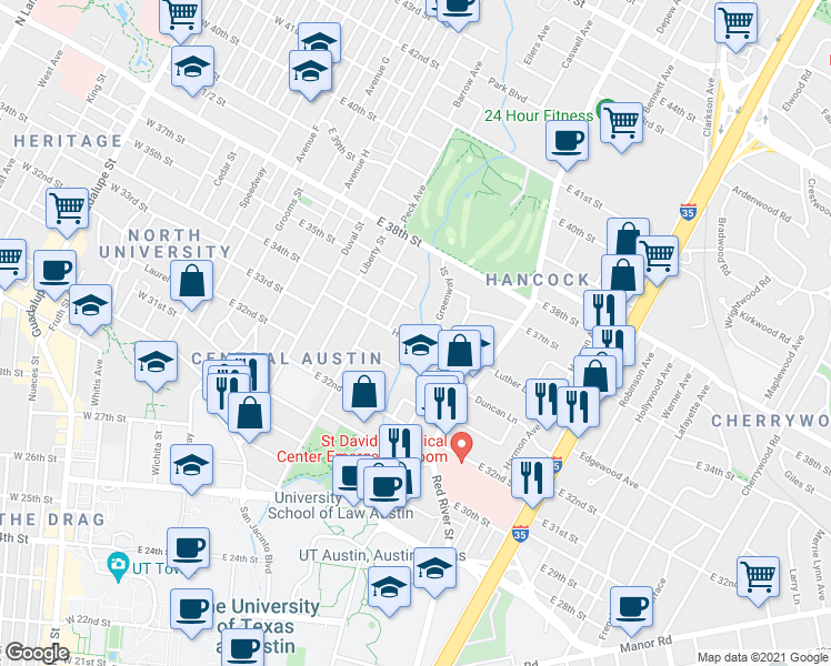 map of restaurants, bars, coffee shops, grocery stores, and more near in Austin