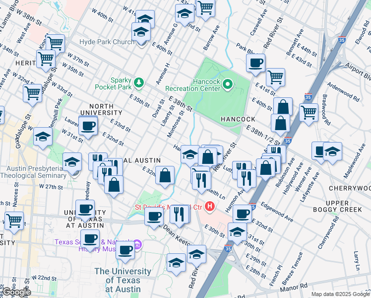 map of restaurants, bars, coffee shops, grocery stores, and more near in Austin