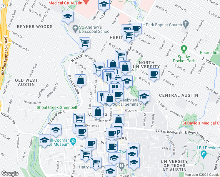 map of restaurants, bars, coffee shops, grocery stores, and more near 2806 Nueces Street in Austin