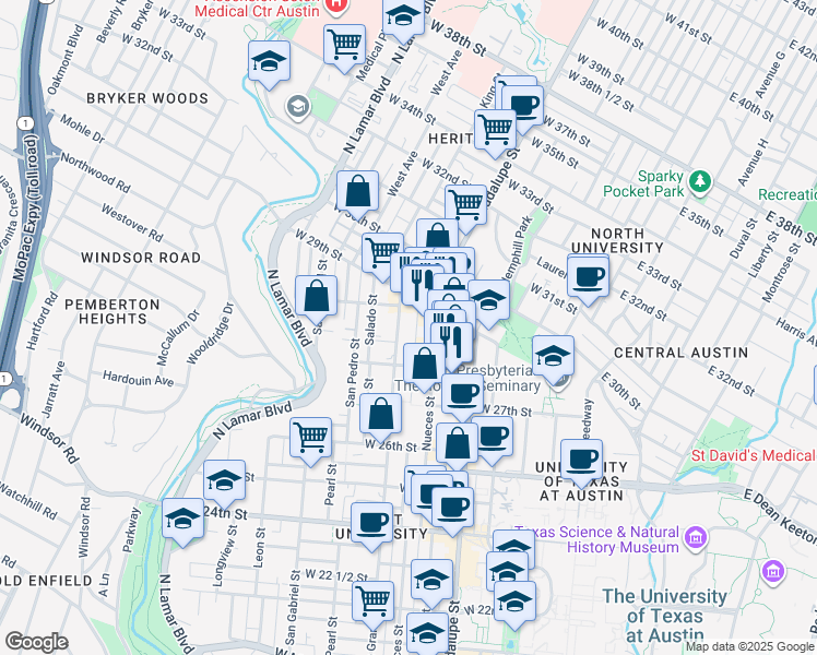 map of restaurants, bars, coffee shops, grocery stores, and more near 2806 Nueces Street in Austin