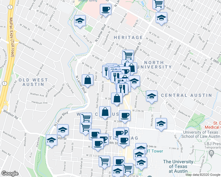 map of restaurants, bars, coffee shops, grocery stores, and more near 2804 Rio Grande Street in Austin