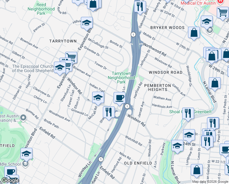 map of restaurants, bars, coffee shops, grocery stores, and more near 2006 Indian Trail in Austin