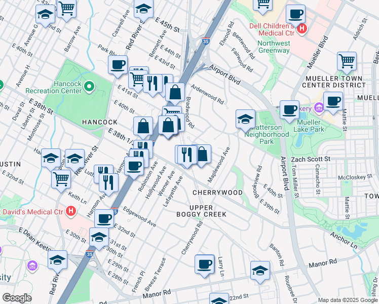 map of restaurants, bars, coffee shops, grocery stores, and more near 1316 East 38th 1/2 Street in Austin