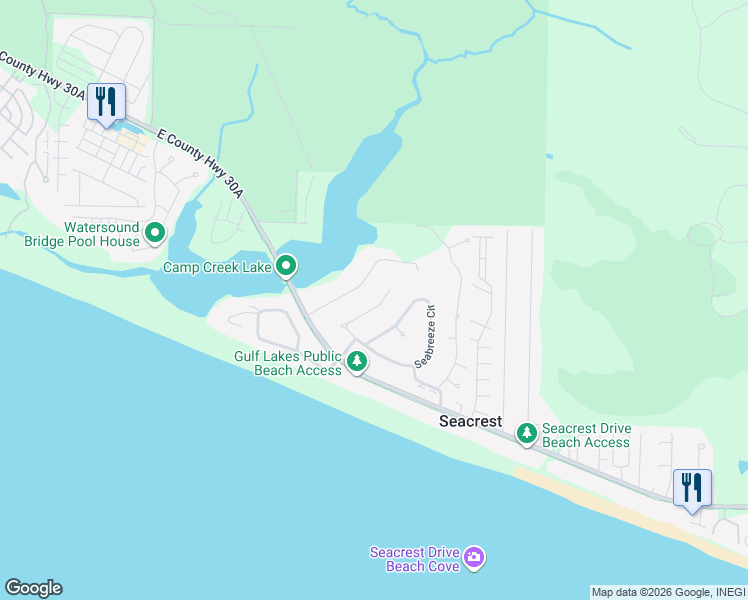 map of restaurants, bars, coffee shops, grocery stores, and more near 172 Seabreeze Court in Panama City Beach