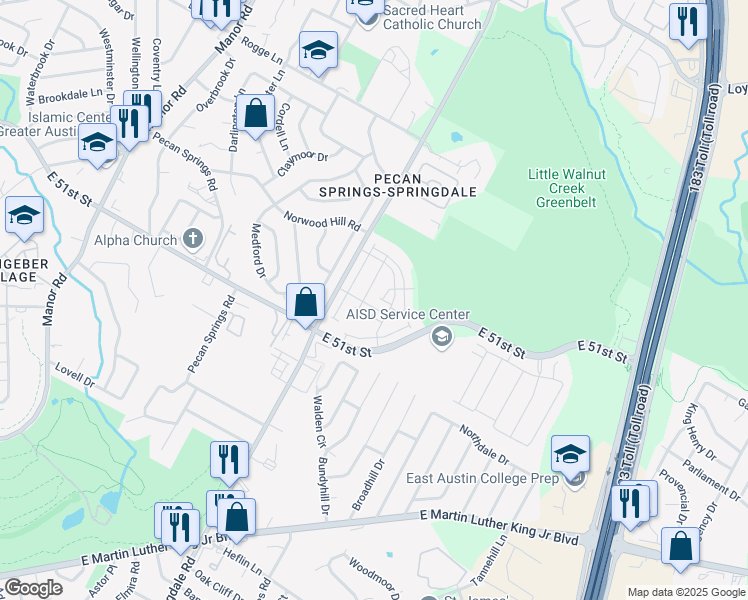 map of restaurants, bars, coffee shops, grocery stores, and more near 5200 Star Dance Path in Austin