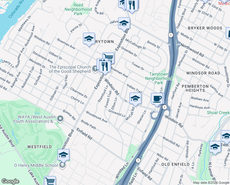 map of restaurants, bars, coffee shops, grocery stores, and more near 2101 Forest Trail in Austin