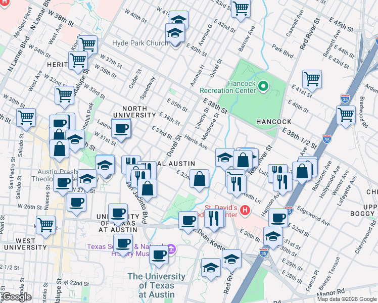map of restaurants, bars, coffee shops, grocery stores, and more near 3303 Liberty Street in Austin