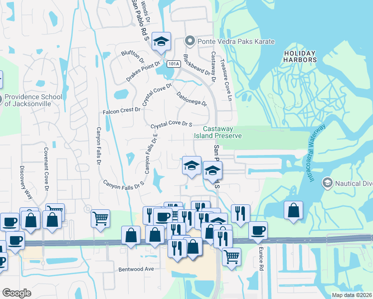 map of restaurants, bars, coffee shops, grocery stores, and more near 2907 Portulaca Avenue in Jacksonville