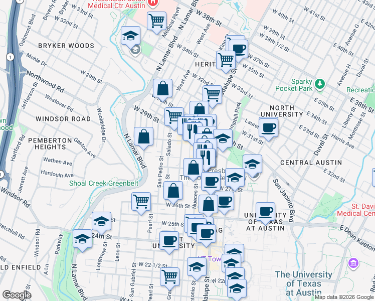 map of restaurants, bars, coffee shops, grocery stores, and more near 2806 Nueces Street in Austin