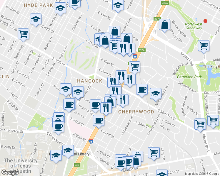 map of restaurants, bars, coffee shops, grocery stores, and more near E 38th St & Harmon Ave in Austin