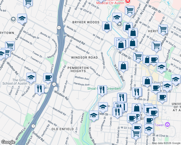 map of restaurants, bars, coffee shops, grocery stores, and more near 1400 Ethridge Avenue in Austin
