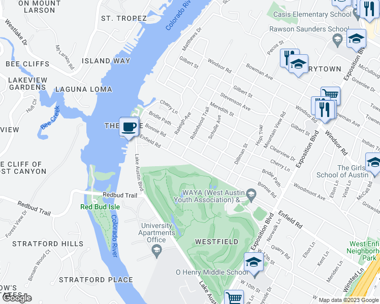 map of restaurants, bars, coffee shops, grocery stores, and more near 3409 Bonnie Road in Austin