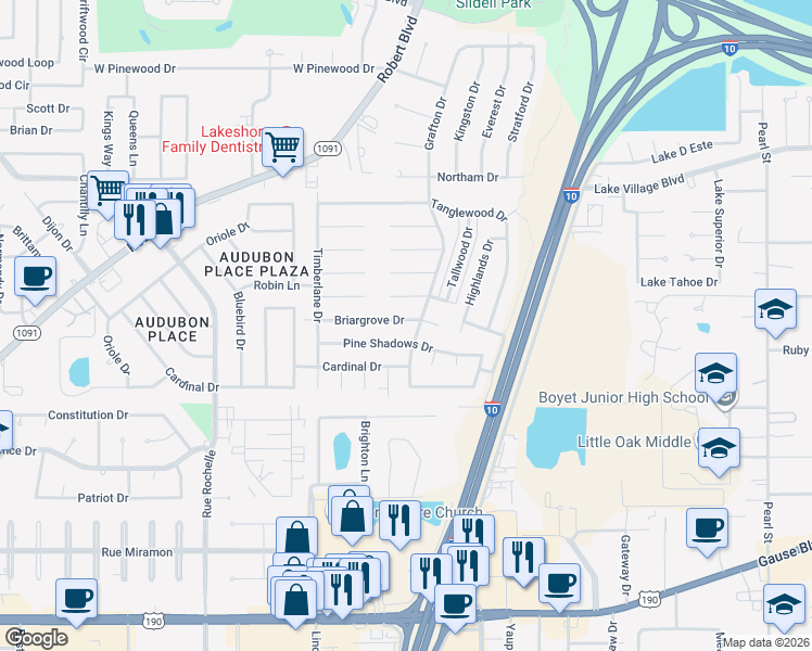 map of restaurants, bars, coffee shops, grocery stores, and more near 425 Pine Shadows Drive in Slidell