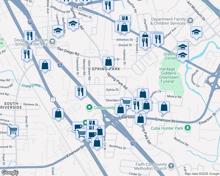 map of restaurants, bars, coffee shops, grocery stores, and more near 3339 Claremont Road in Jacksonville
