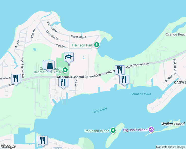 map of restaurants, bars, coffee shops, grocery stores, and more near 4820 Tiger Brown Avenue in Orange Beach