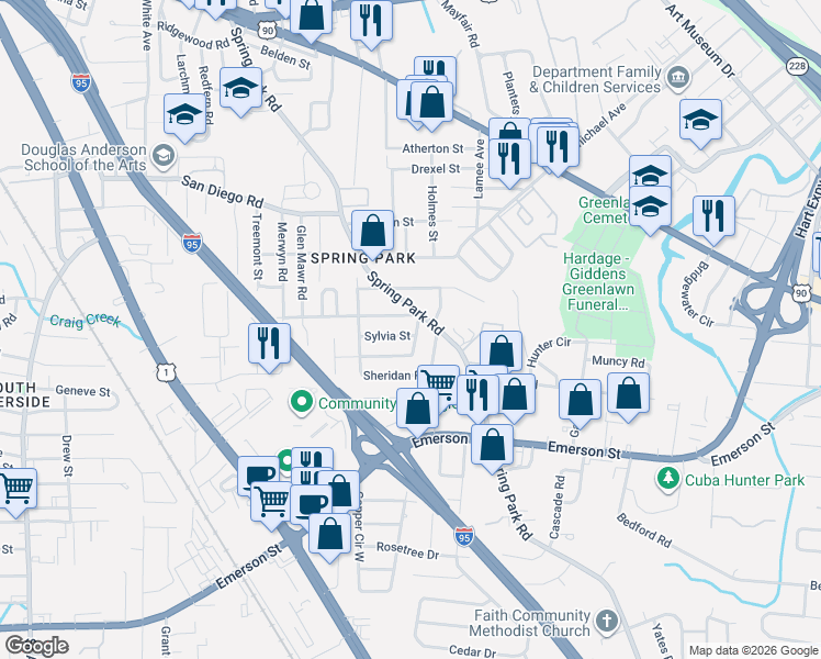 map of restaurants, bars, coffee shops, grocery stores, and more near 2759 Spring Park Road in Jacksonville
