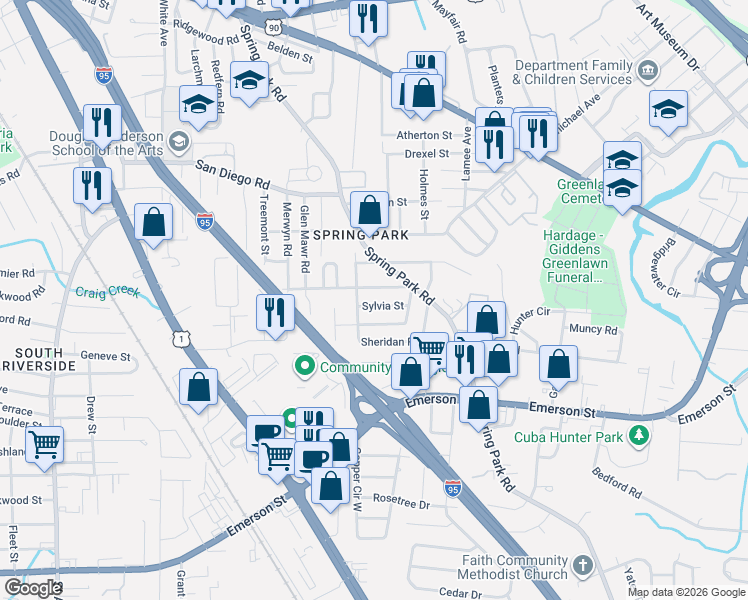 map of restaurants, bars, coffee shops, grocery stores, and more near 3339 Claremont Road in Jacksonville