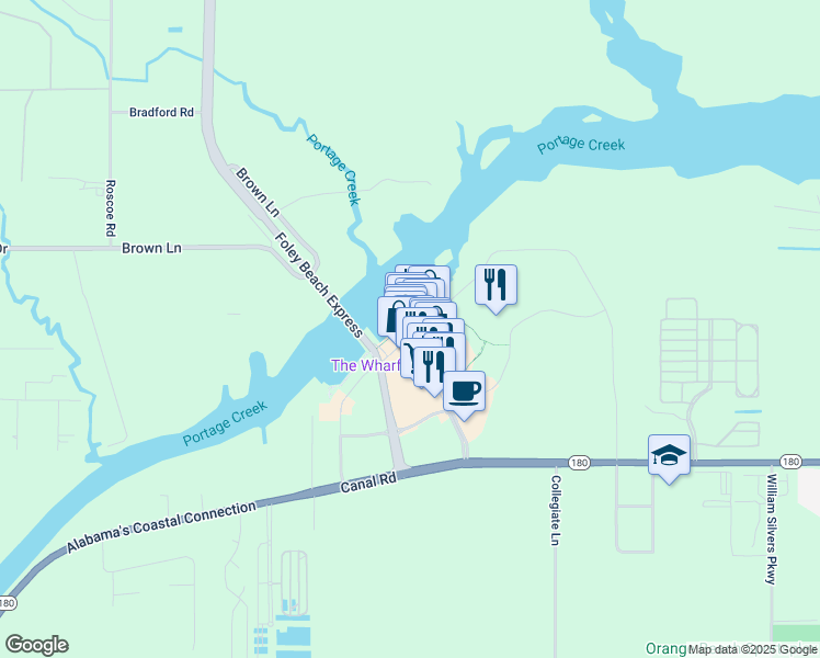 map of restaurants, bars, coffee shops, grocery stores, and more near 4851 Wharf Parkway East in Orange Beach