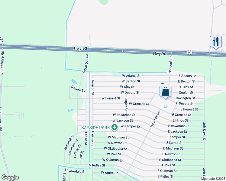 map of restaurants, bars, coffee shops, grocery stores, and more near 6263 West Clay Street in Bay St. Louis