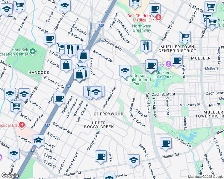 map of restaurants, bars, coffee shops, grocery stores, and more near 4014 Maplewood Avenue in Austin