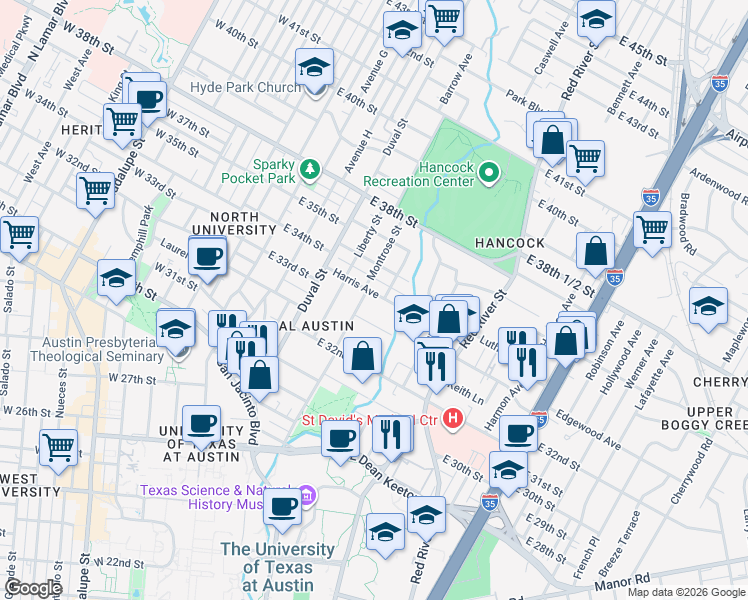 map of restaurants, bars, coffee shops, grocery stores, and more near 700 Harris Avenue in Austin