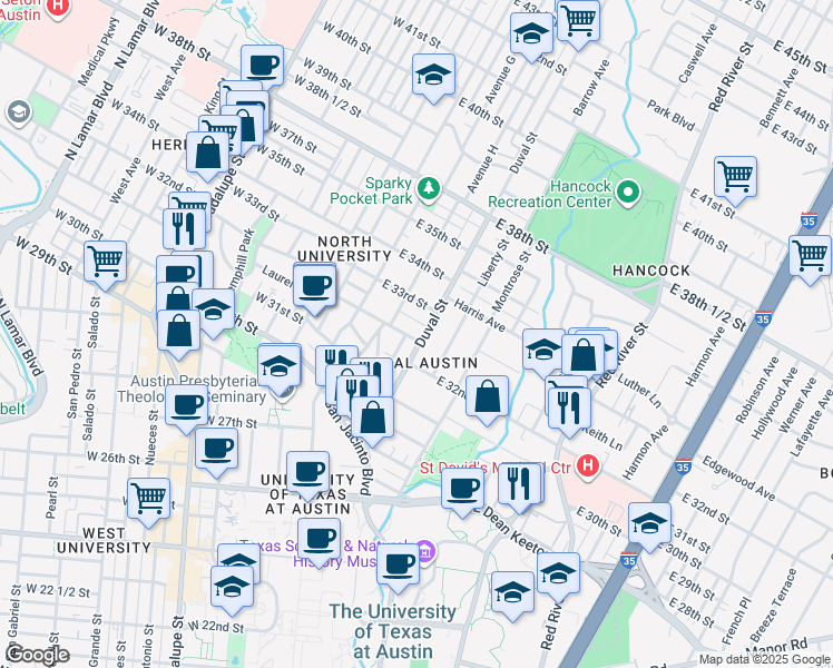 map of restaurants, bars, coffee shops, grocery stores, and more near 405 East 33rd Street in Austin