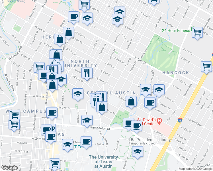 map of restaurants, bars, coffee shops, grocery stores, and more near 306 East 32nd Street in Austin