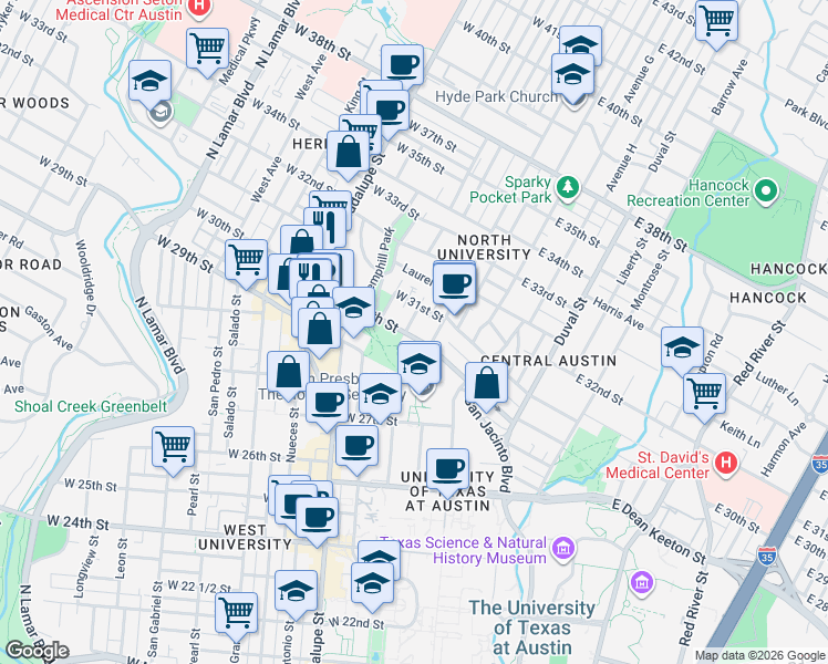 map of restaurants, bars, coffee shops, grocery stores, and more near in Austin