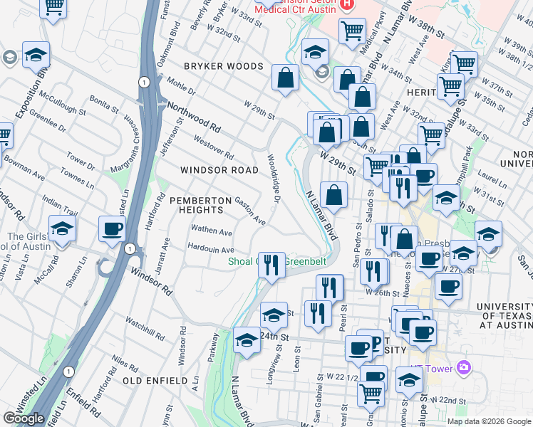 map of restaurants, bars, coffee shops, grocery stores, and more near 2610B McCallum Drive in Austin