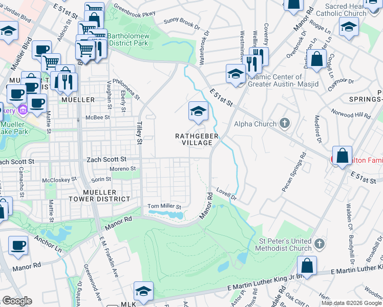 map of restaurants, bars, coffee shops, grocery stores, and more near 4800 Manor Road in Austin