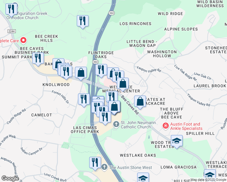 map of restaurants, bars, coffee shops, grocery stores, and more near 5656 Bee Cave Road in West Lake Hills