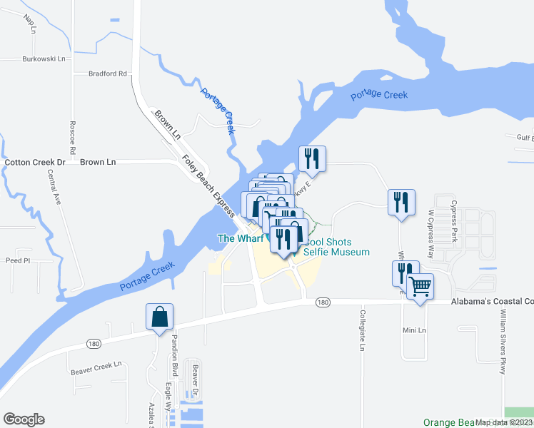 map of restaurants, bars, coffee shops, grocery stores, and more near 4851 Wharf Parkway East in Orange Beach