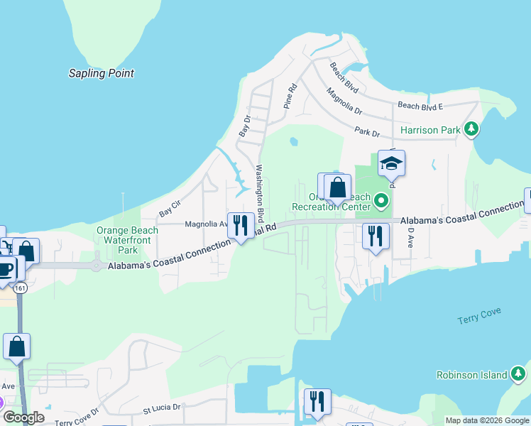 map of restaurants, bars, coffee shops, grocery stores, and more near 4807 Washington Boulevard in Orange Beach