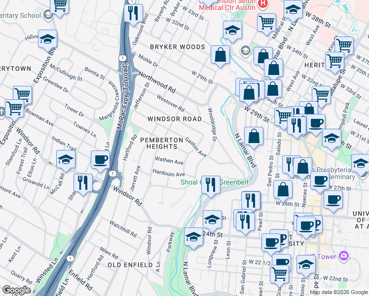 map of restaurants, bars, coffee shops, grocery stores, and more near 1402 Ethridge Avenue in Austin