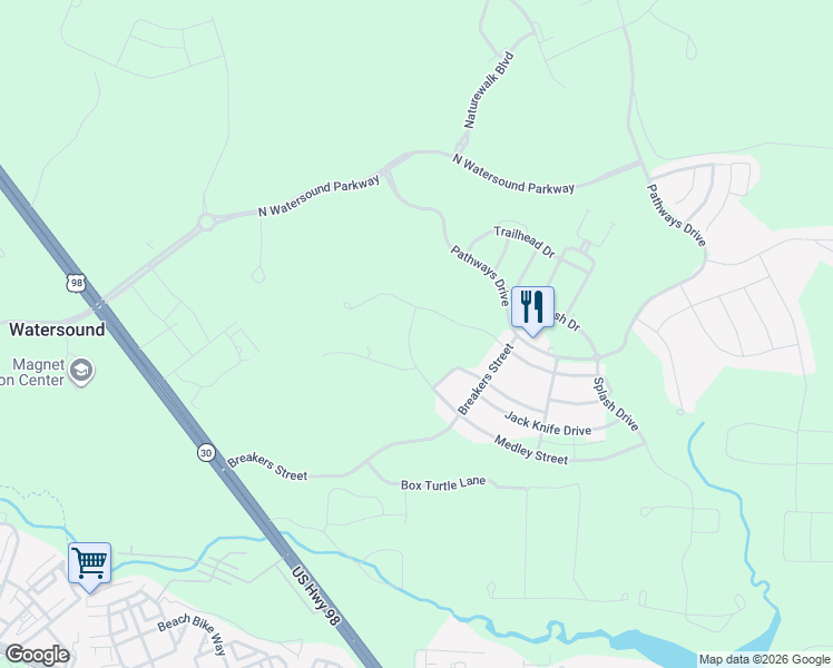 map of restaurants, bars, coffee shops, grocery stores, and more near 400 Cannonball Lane in Rosemary Beach